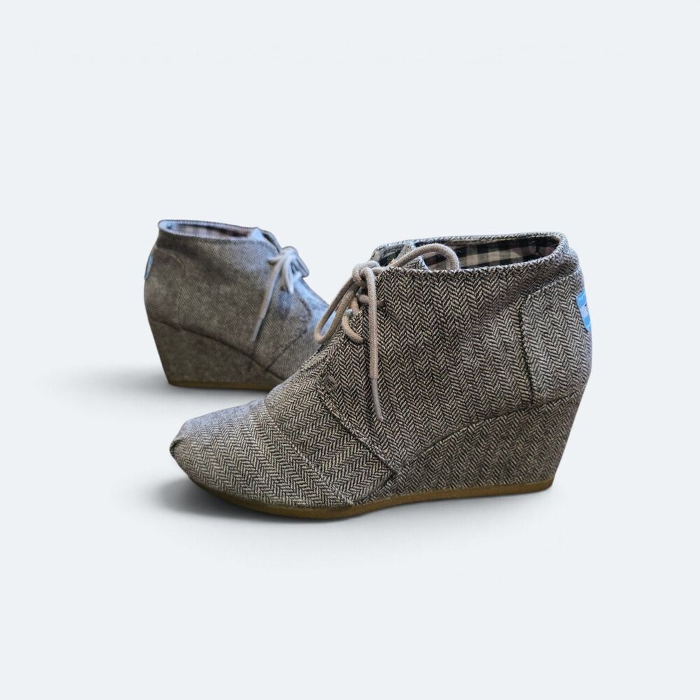 TOMS Desert Wedge Booties Herringbone Tweed Lace Up Ankle Boots Shoes W 7.5